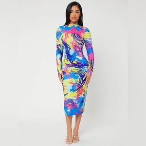 Graphic Print Mock Neck Split Back Bodycon Dress